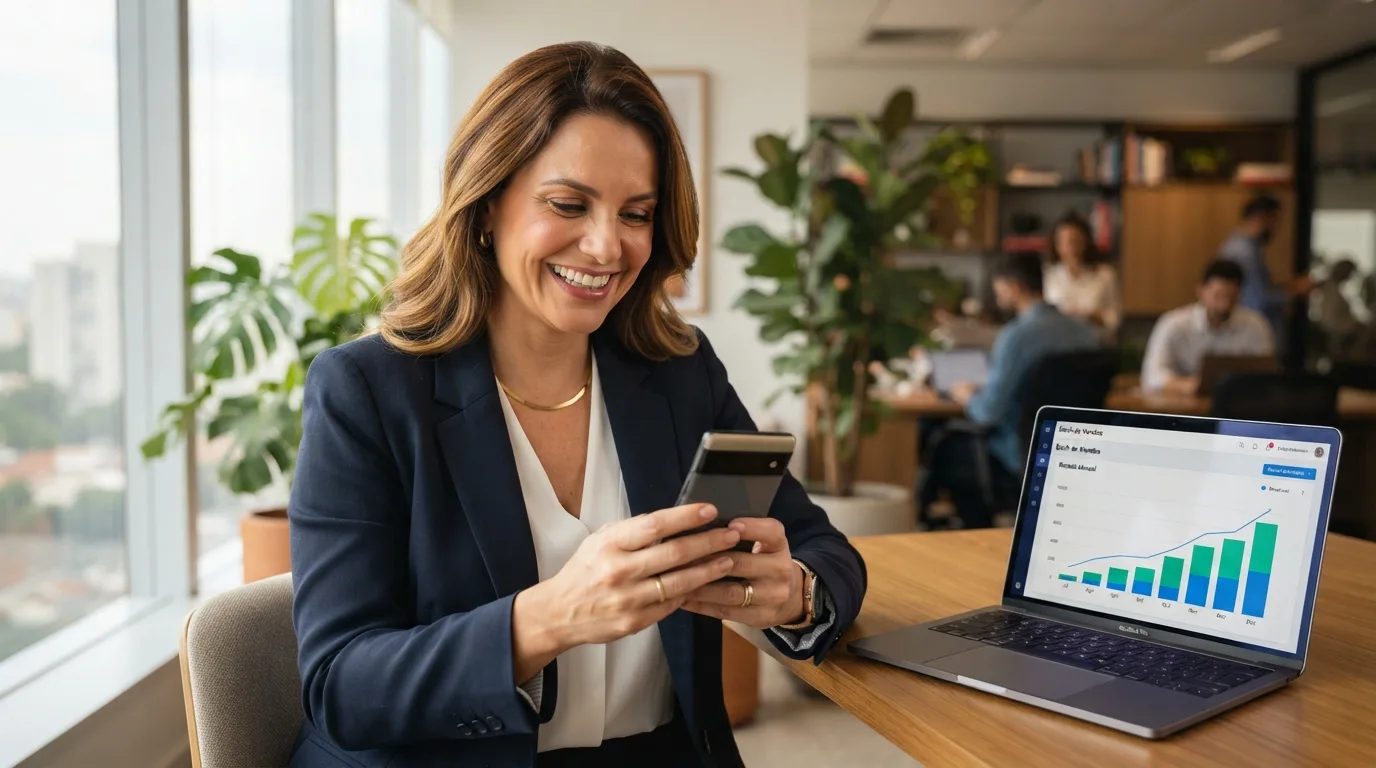 Empresário satisfeito acompanhando entrada de leads qualificados via WhatsApp e crescimento de faturamento