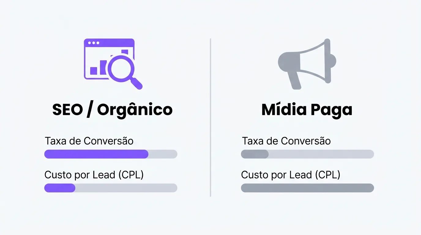 Infográfico comparando conversão e custo por lead entre SEO orgânico e mídia paga, sem valores numéricos, só proporção visual