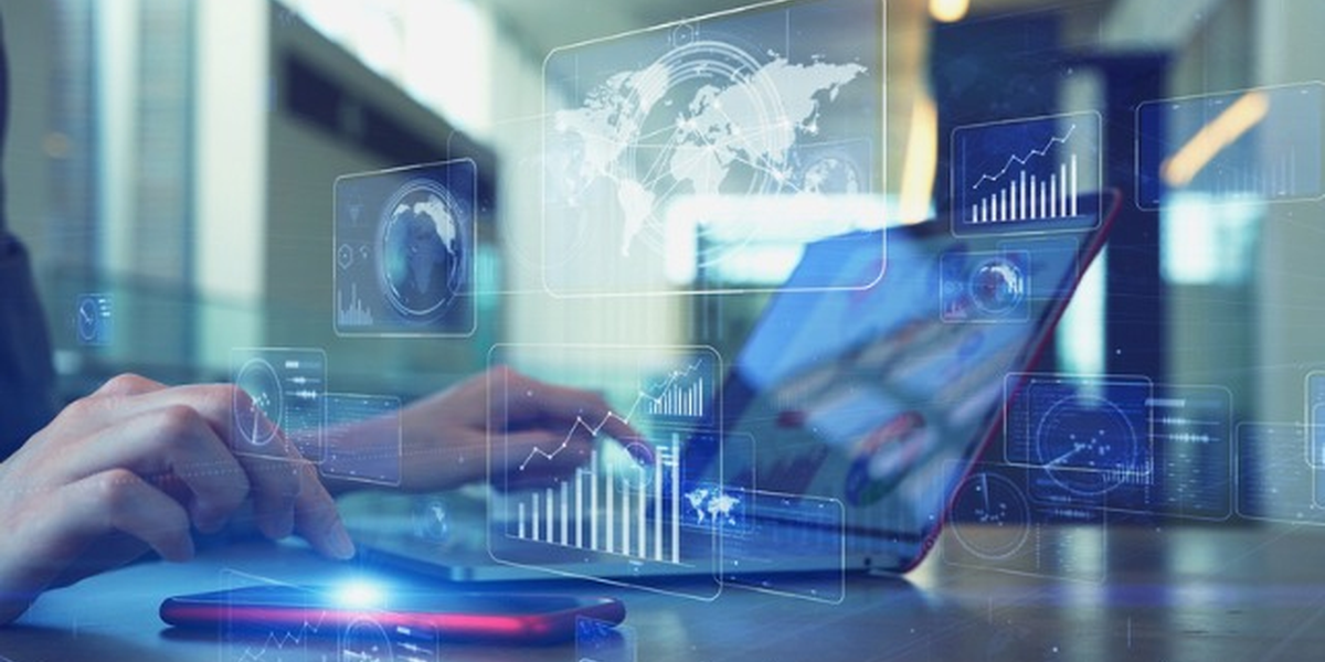 Digital learning and technology tools displayed on a laptop with analytics, AI, productivity, and online education concepts.