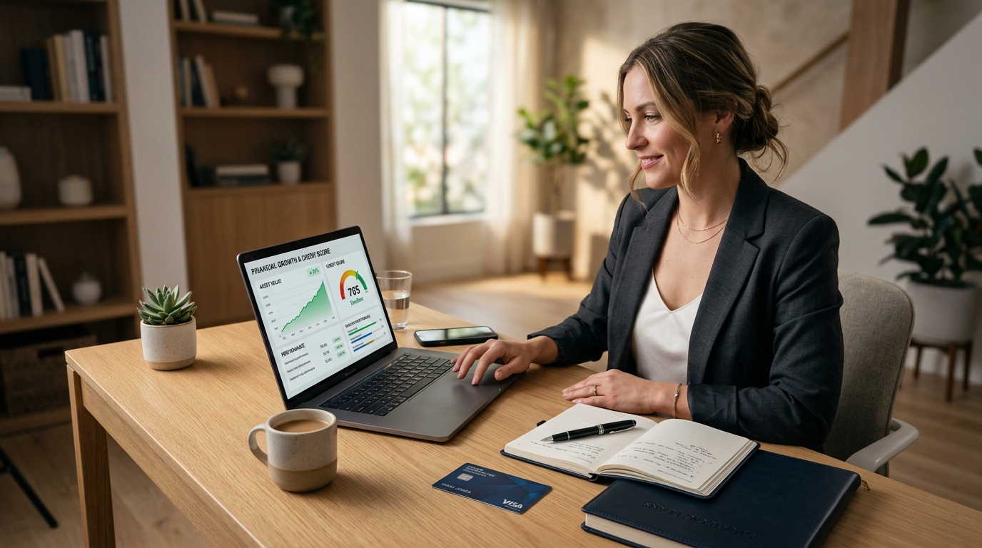 A professional reviewing credit score growth and financial metrics on a laptop