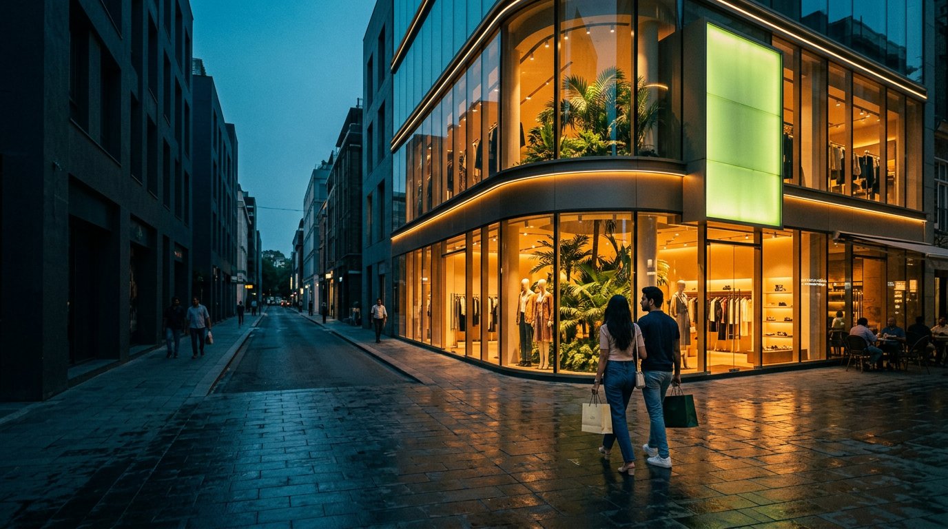 An illuminated shopping street at dusk, with people discovering local stores