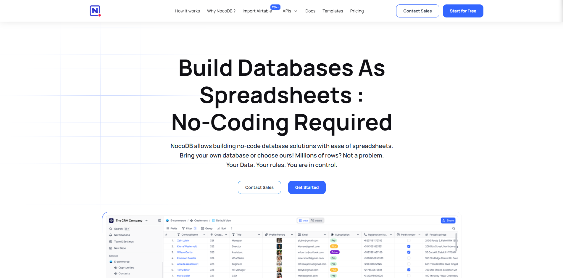 Screenshot of NocoDB dashboard showing an Airtable-like spreadsheet view layered over a connected SQL database.