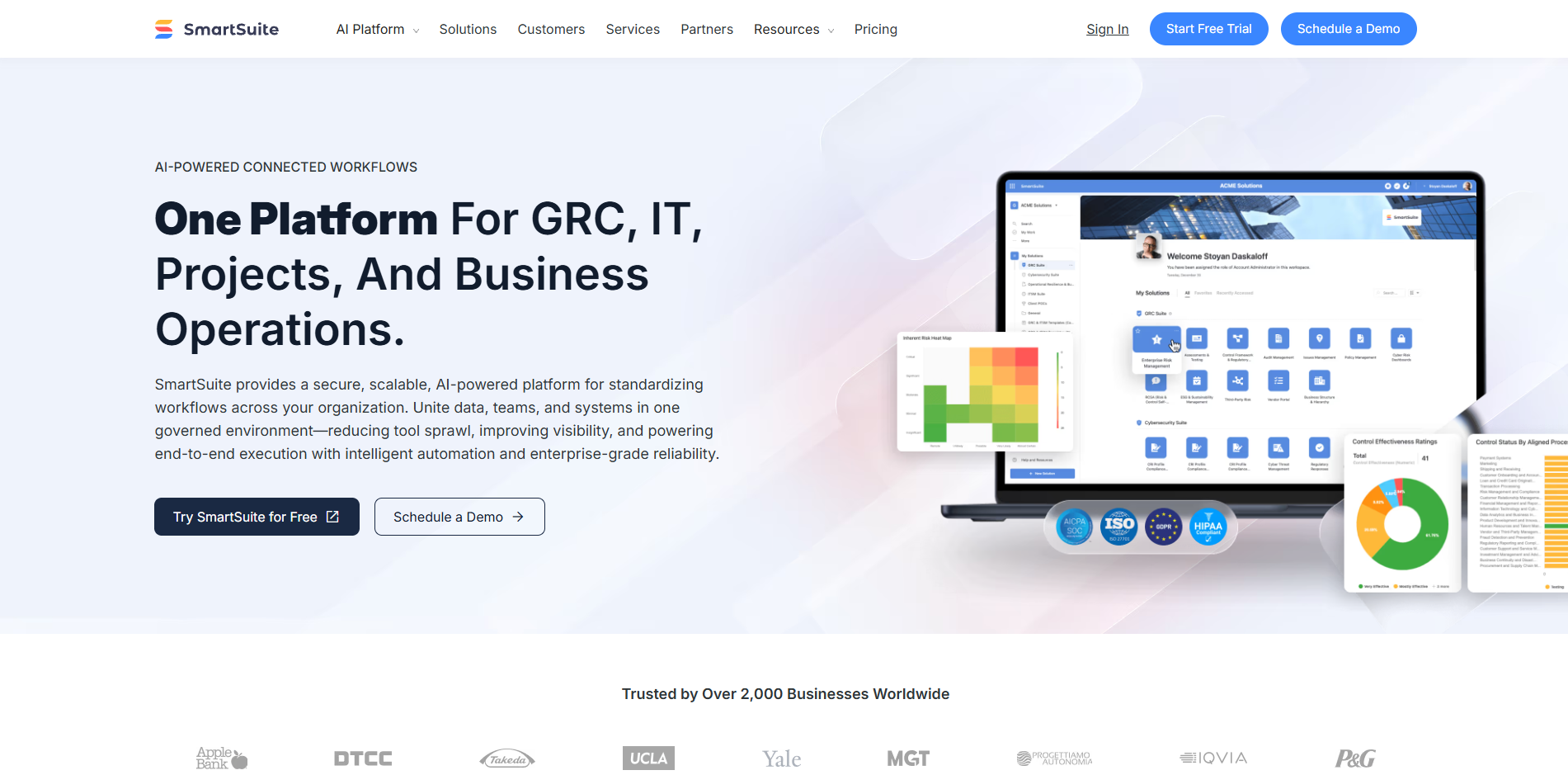 Screenshot of SmartSuite workspace showcasing structured project management tables and business process workflows.