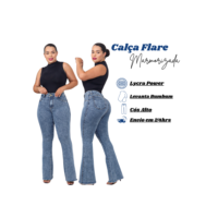 Calça Jeans Feminina Flare Marmorizada Cos Alto Modelagem Levanta Bumbum Com Lycra