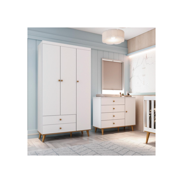 Quarto de Bebê Lígia Guarda Roupa 3 Portas Cômoda Infantil com Porta Branco Carolina Baby