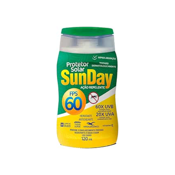 Protetor Solar Ação Repelente FPS 60 Sunday Frasco, Branco, Nutriex, 120 ml