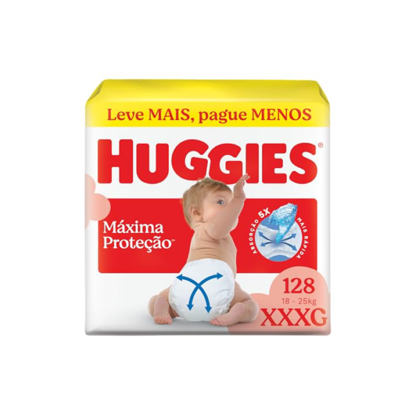 Fralda Descartável Huggies Máxima Proteção Tamanho XXXG 128 unidades – Fralda com tecnologia Xtra-Flex, canais em X que se adaptam aos movimentos e máxima proteção