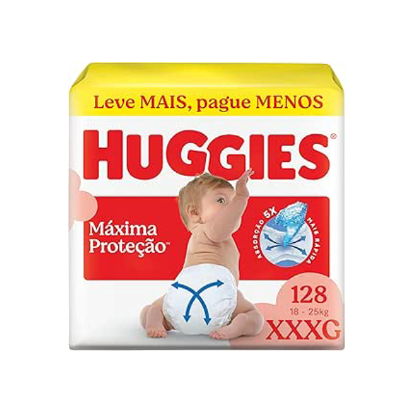 Fralda Descartável Huggies Máxima Proteção Tamanho XXXG 128 unidades – Fralda com tecnologia Xtra-Flex, canais em X que se adaptam aos movimentos e máxima proteção