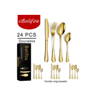 Belifou Kit 16/24/32 Jogo De Talheres Para Bife Aço Inoxidável 416 Dourados Com Colher Pequena - Vesta