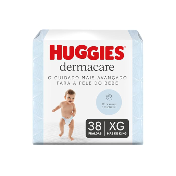Fralda Huggies Premium Dermacare Tamanho XG - 38 Fraldas Premium com formato anatômico, materiais ultra macios e respiráveis. Super absorção de até 12 horas e ajuda previnir assaduras