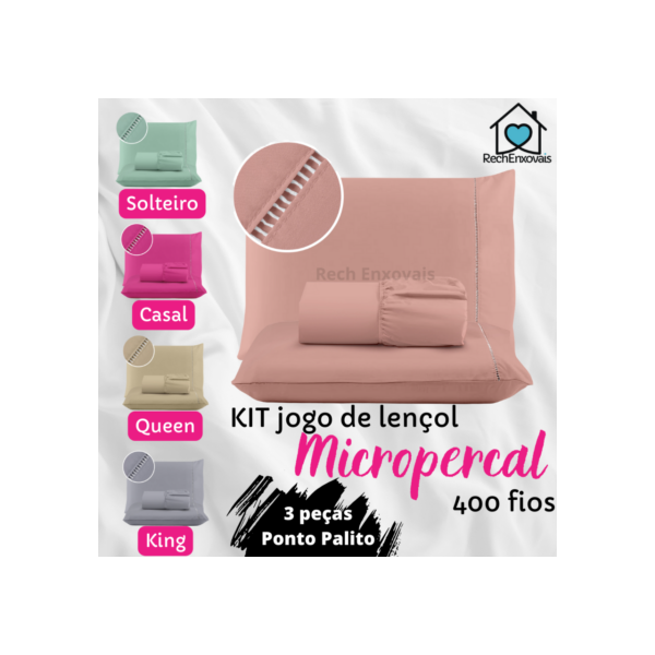 Kit Lençol Cama Casal Queen 400 fios Micropercal 03 Peças Ponto Palito