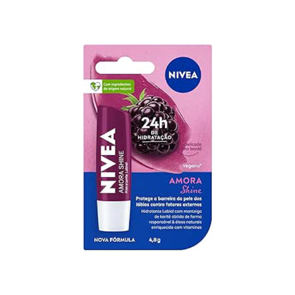 NIVEA Hidratante Labial Amora Shine 4,8 g - Cuidado intensivo para seus lábios, hidratação prolongada, delicioso aroma de amora, pigmentos brilhantes e cor delicada