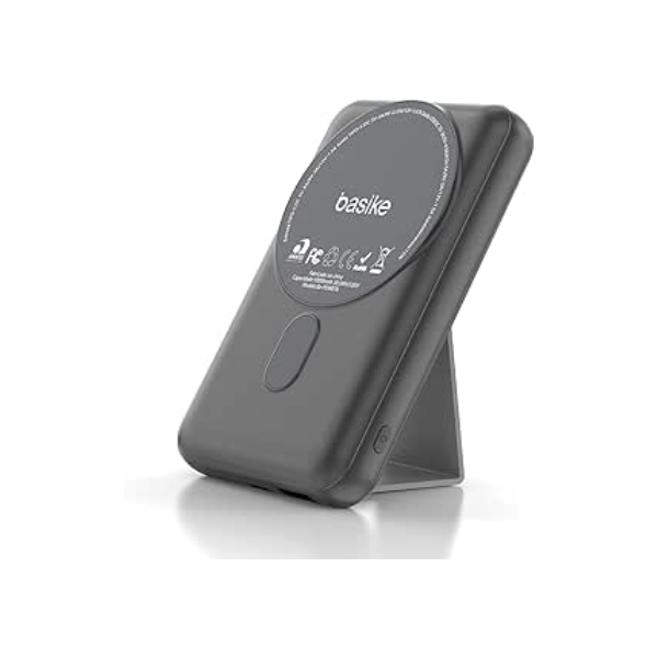 Basike Power Bank, 10000mAh Carregador Portátil Universal por Indução, 15W Carregamento Rápido, Suporte Dobrável，Compatível com MagSafe (Cinza)