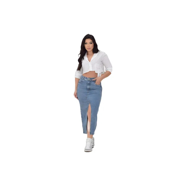 Saia Jeans Feminina Longa Midi Evangélica Cintura Alta