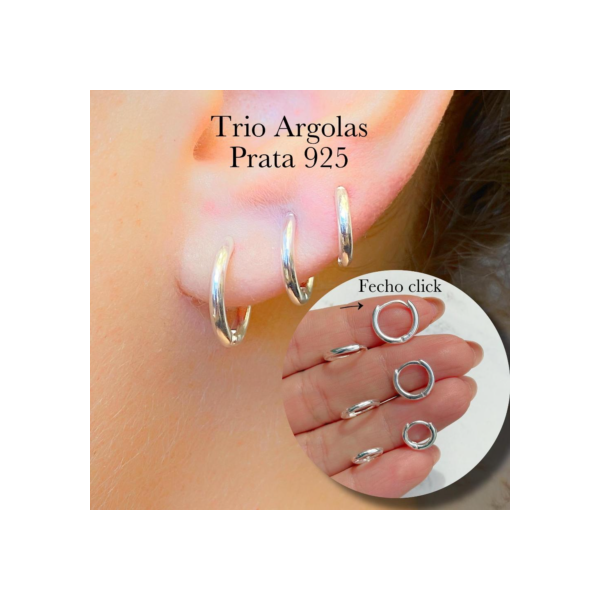 Trio de Argolas Prata 925 Lisa Cravejada Ponto de Luz Kit Feminino 3 Pares Brinco Click