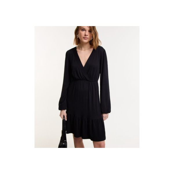Vestido Curto Texturizado com Decote Transpassado Preto
