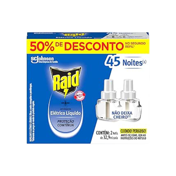 Raid Repelente Eletrico Líquido Refil, Até 45 Noites de Proteção, 2 unidades de 32,9ml