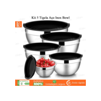 Kit 5 Tigela Aço Inox Bowl Funda Multiuso Redonda Saladeira Confeitaria Bowls Vasilha Com Tampa
