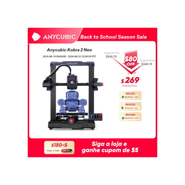 ANYCUBIC-Kobra 2 Impressora 3D Neo FDM, 250m por s, Velocidade máxima de impressão, Tamanho de compilação 9.8x8.7x8.5 ", 250x220x220mm, Nivelamento de 25 pontos