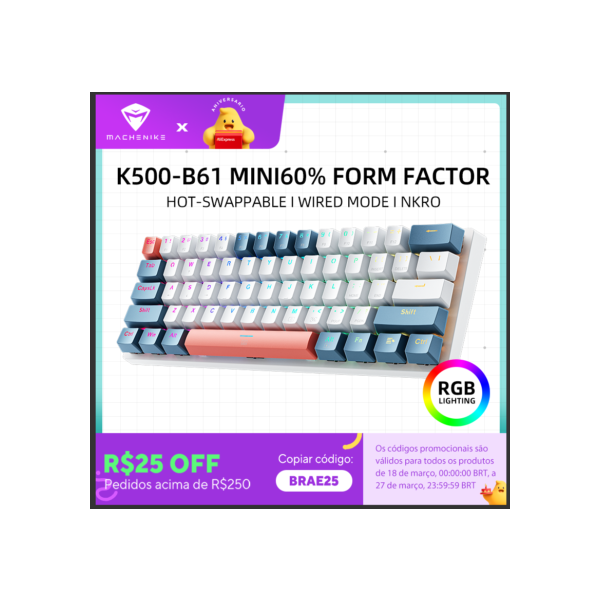 Machenike K500-B61 Mini Teclado Mecânico Formato 60% com Fio, Teclas Removíveis, Retroiluminação RGB, 61 Teclas para Jogos.