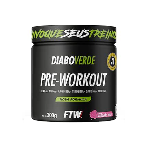 FTW Pré-Treino Diabo Verde - Energia Extrema, Força e Foco - Potência Hardcore com Cafeína, Beta-Alanina - Para Treinos Intensos - sabor:Algodão Doce - Pote 300g