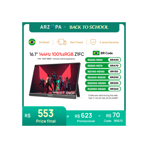 [produto no brasil] Novo ARZOPA 16.1 polegada 100% sRGB 144Hz Monitor de Jogos Portátil Display Laptop com Tipo C Mini HDMI Para PS4/5 Steam Deck Switch XBOX PC Mac, Z1FC
