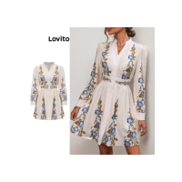 Lovito Vestido feminino vintage com costura em tecido floral e botão frontal LBL10343