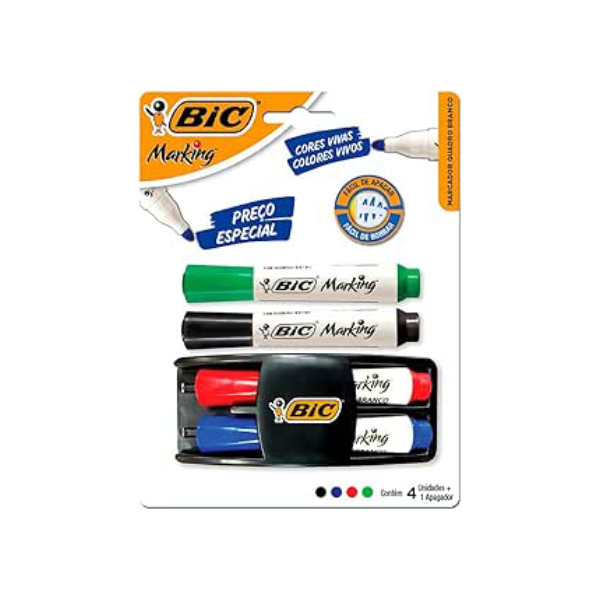 Kit 4 Marcadores de Quadro Branco BIC Marking Cores Clássicas + 1 Apagador, Ponta Resistente, Apaga Fácil, 970929