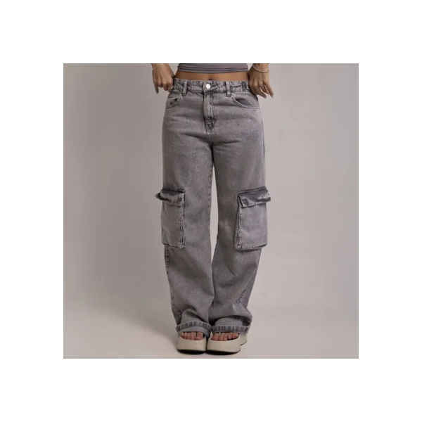 Calça Cargo Jeans Feminina Wide Cintura Alta Bolso Lateral