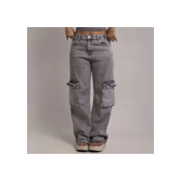 Calça Cargo Jeans Feminina Wide Cintura Alta Bolso Lateral