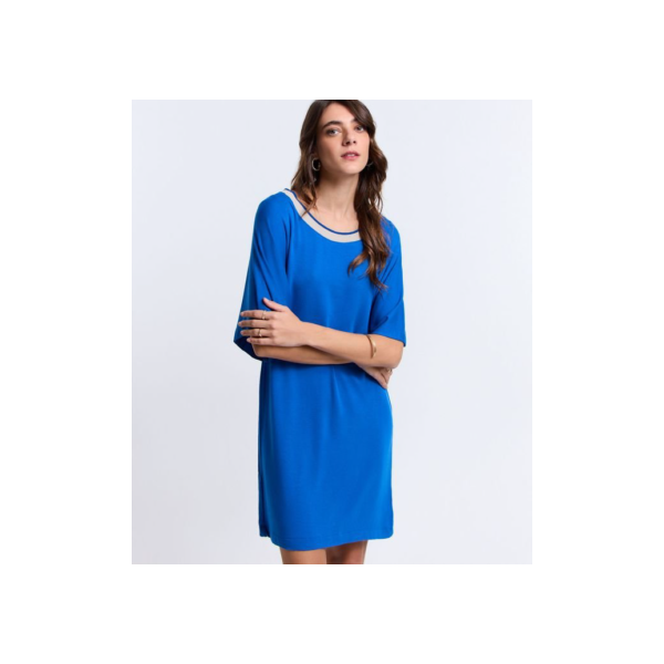 Vestido T-Shirt em Viscose com Mangas Amplas e Gola em Tricô Azul