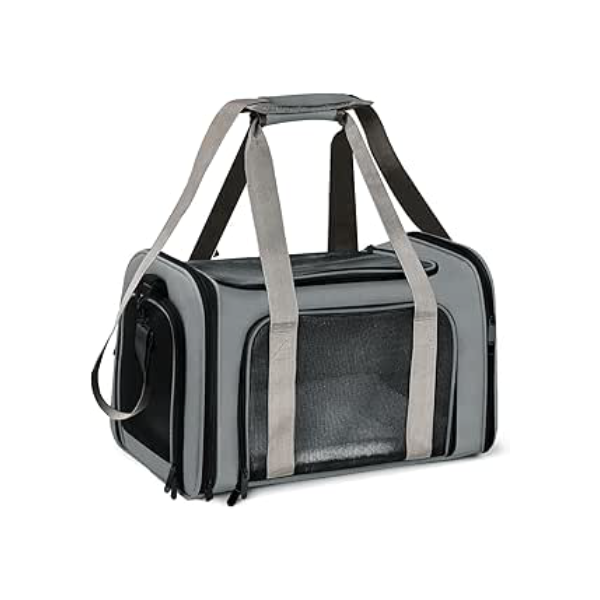 Bolsa Transporte Pet Ventilação em 4 lados 42 * 26 * 27 cm Não Se Deforma Facilmente Bolsa Transporte Pet Avião com Zíper liso Portátil + Bolsa de Mão Python Fly Cinza