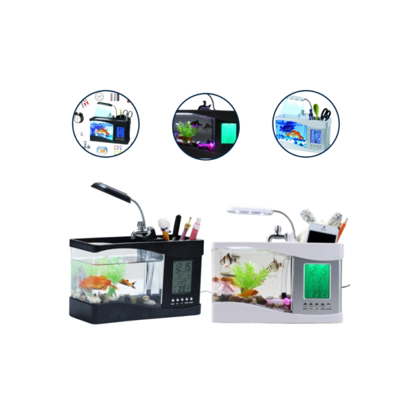 Aquário De Mesa Multifuncional C/ Alarme Lâmpada Led Sons Naturais Torneira P/ Circulação