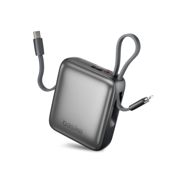 Basike Carregador Portátil 10000mAh, Mini Power Bank com Cabos Integrados, Carregamento Rápido 22.5W(MAX), Pequeno, Led Indicador de Bateria para iPhone/Samsung/Huawei/Xiaomi, etc (Cinza)