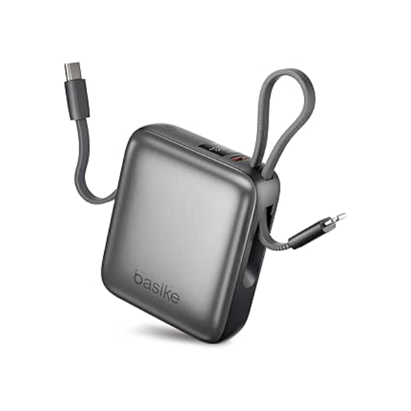 Basike Carregador Portátil 10000mAh, Mini Power Bank com Cabos Integrados, Carregamento Rápido 22.5W(MAX), Pequeno, Led Indicador de Bateria para iPhone/Samsung/Huawei/Xiaomi, etc (Cinza)