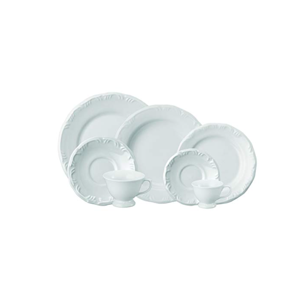 Serviço de Jantar Chá Café 42 peças em Porcelana. Modelo Redondo com Relevo Pomerode. Branca. Fabricado pela Schmidt.