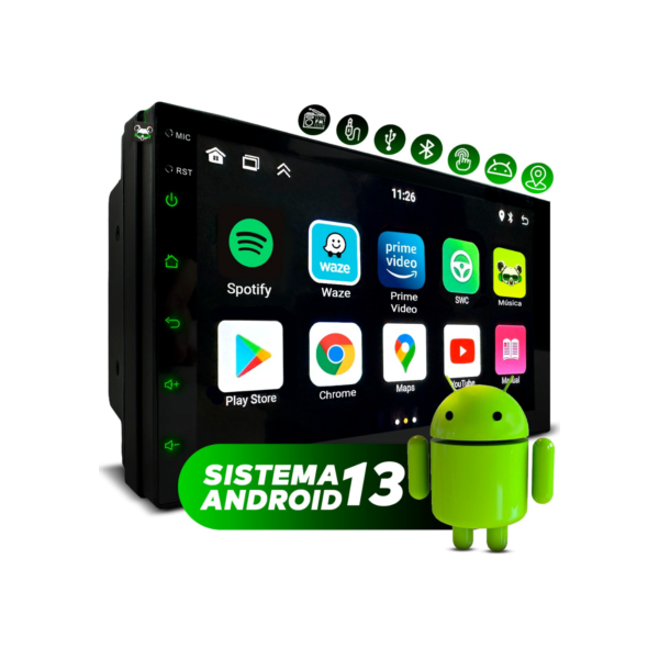 Central Multimidia Android 13 2GB 7 Pol 2 Din Espelhamento USB Bluetooth GPS Integrado