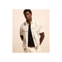 Camisa Regular em Voil com Estampa Ícones em Fine Line e Lettering Branco