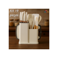 Conjunto de Utensílios de Silicone com Cabo de Madeira e Kit de Facas com Tábua 19peças