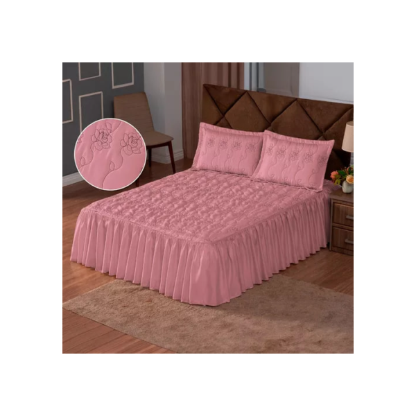 Kit Cobre Leito Colcha Casal 3 Peças Bordado P/ Cama Box