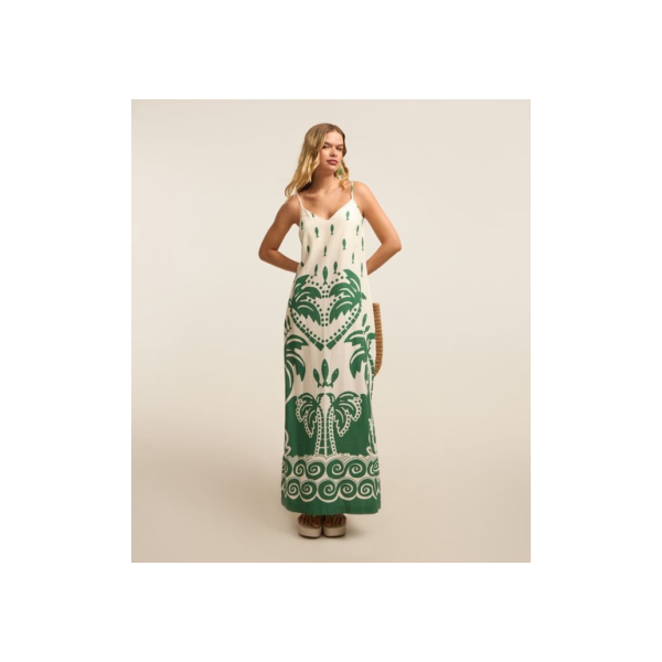 Vestido New Midi em Viscose e Linho com Estampa de Peixinho e Folhagens Branco/Verde
