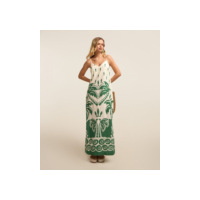 Vestido New Midi em Viscose e Linho com Estampa de Peixinho e Folhagens Branco/Verde