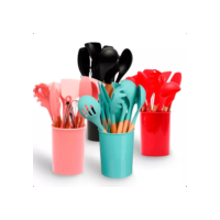Kit 12 Utensílios De Cozinha Em Silicone E Cabo De Madeira