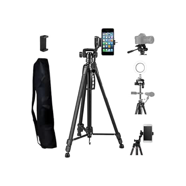 Tripé Profissional Celulares e Câmeras 1,50m de Altura, Estabilizador De Fotos e Vídeos, Suportes e Travas, Pés Antiderrapantes, Bolsa de Transporte, Regulagem de Altura e Nivelador, Cabeça 3 Vias