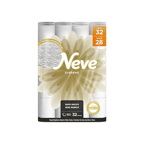 Neve Papel Higiênico Supreme Folha Tripla, 20m, Leve 32 Pague 28 Rolos