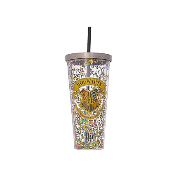 Copo Spoontiques Hogwarts Glitter, com canudo, 591 ml