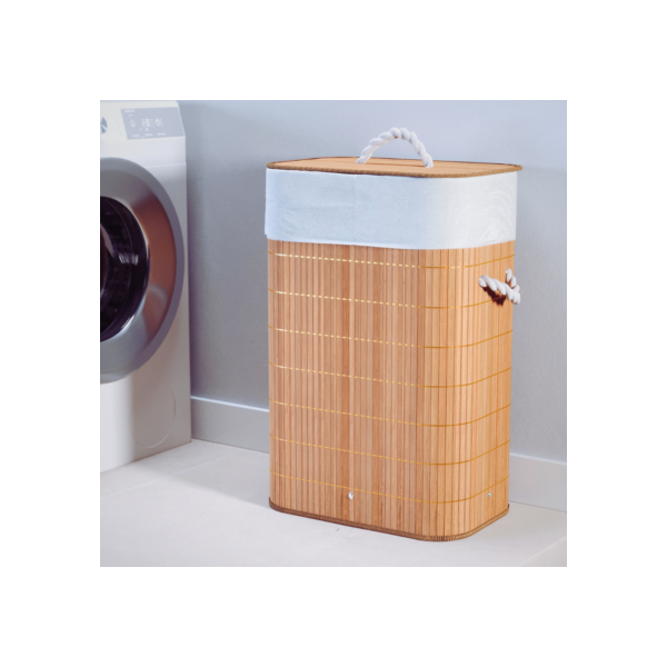 Cesto De Roupa Suja Bambu 72 Litros Lavanderia Com Tampa e Alças Forrado Grande Organizador Banheiro