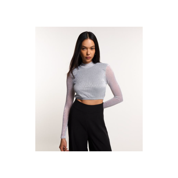 Blusa Cropped em Tule Metalizado com Golinha e Gota nas Costas Prata