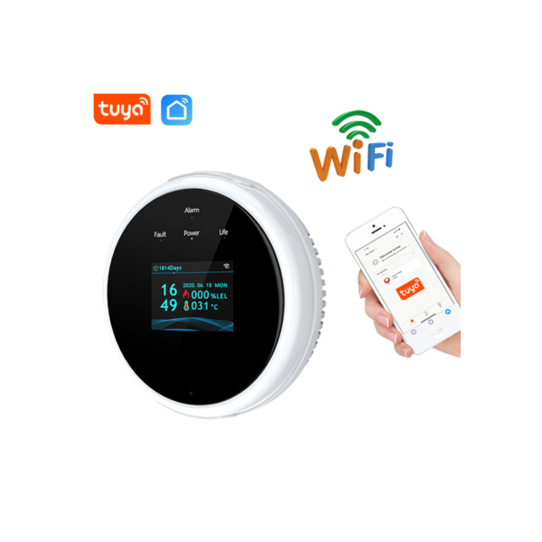 Tuya wi fi detector de vazamento de gás natural sensor alarme inteligente segurança contra incêndio gás display digital led temperatura para casa cozinha