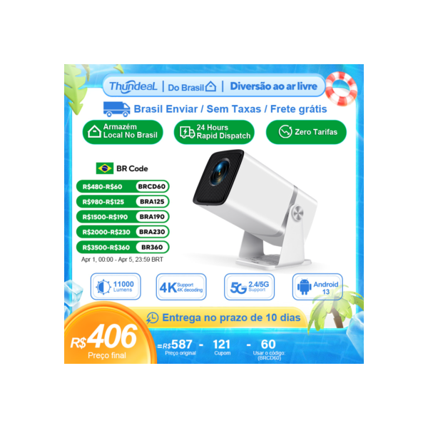 ThundeaL 4K Projetor Full HD FHD TD80W Android WiFi 3D Home Theater TD80 Projetor de feixe portátil Reunião de vídeo Filme PK HY320 HY320W HY300 HY300W Projetor